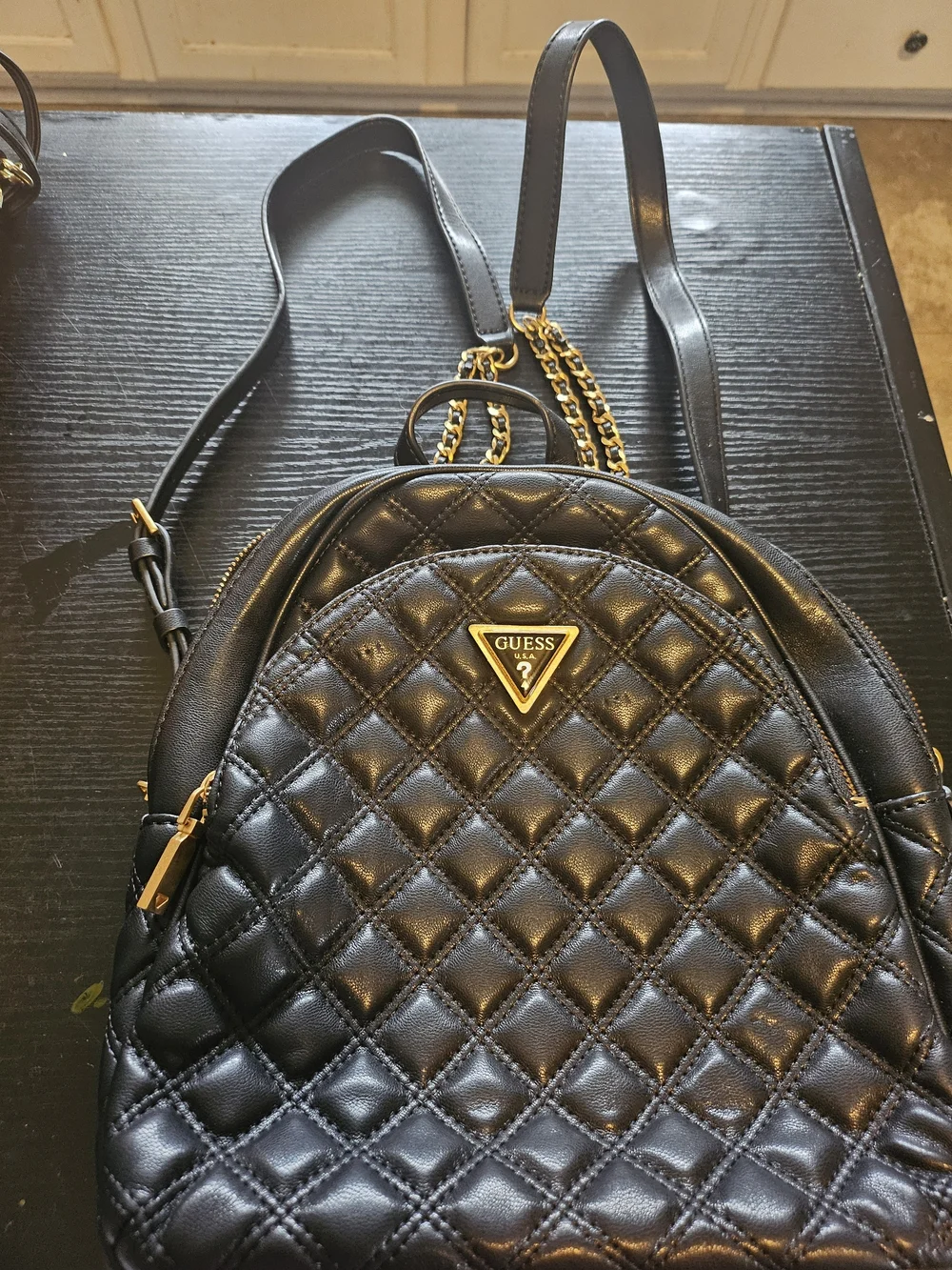 GUESS Black Quilted Mini Backpack with Gold Hardware
